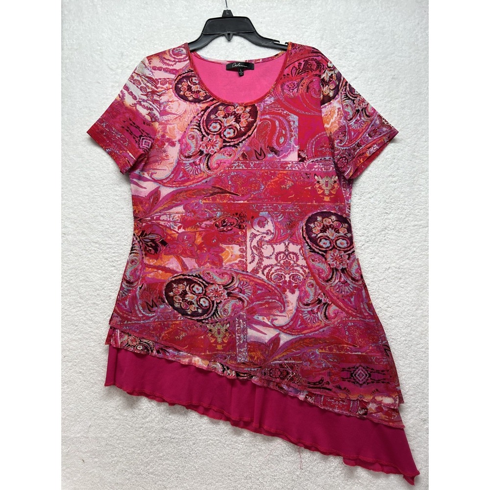 Calessa Womens Size L Pink Printed Asymmetrical Short Sleeve Top (V3)